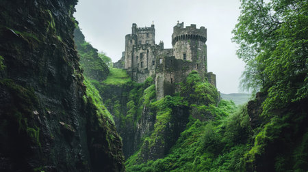 Explore the stunning view of a majestic ancient castle amidst lush greenery and dramatic cliffs, wrapped in a mysterious fog, perfect for adventure seekers.の素材