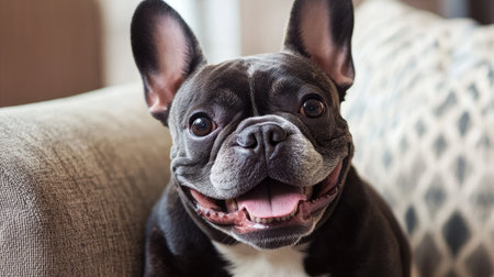 A cheerful French Bulldog showcases its happy personality while sitting comfortably on a couch. This adorable pet captures the essence of joy and companionship in a cozy home setting.の素材