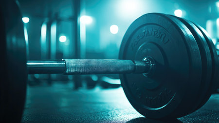 This image features a close-up view of a heavy weight barbell resting on the gym floor. The dim lighting creates a focused atmosphere, highlighting the essential fitness equipment for strength training.の素材