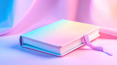 A soft pastel colored book rests gracefully on delicate fabric, featuring a ribbon bookmark. Ideal for backgrounds related to creativity and inspiration.の素材