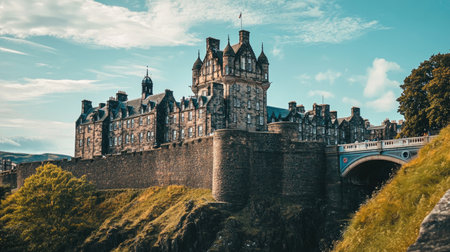 This stunning image captures a majestic castle nestled on a rocky hill, showcasing architectural beauty under a clear blue sky. Ideal for travel themes.の素材