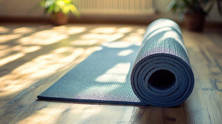 A serene yoga mat is rolled up on a wooden floor, bathed in soft sunlight. The gentle shadows create a peaceful atmosphere for relaxation and mindfulness.の素材
