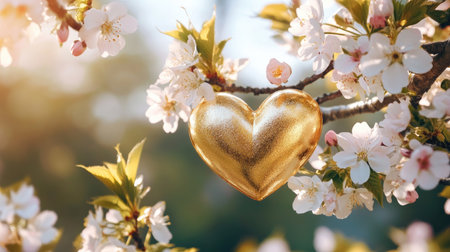 A stunning golden heart hanging gracefully among delicate cherry blossoms, capturing the essence of spring. This image evokes love and tranquility in nature.の素材