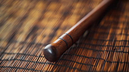A detailed close-up of a wooden stick resting on a bamboo mat, showcasing the exquisite texture and natural tones, perfect for rustic design elements.の素材