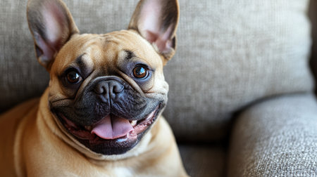 A delightful French Bulldog smiles warmly while resting on a cozy sofa, showcasing its playful and friendly nature in a relaxed home environment.の素材