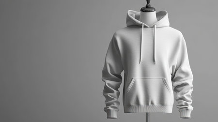 A minimalist white hoodie displayed on a mannequin, set against a soft gray background. Ideal for showcasing fashion designs or apparel concepts in a clean and modern way.の素材
