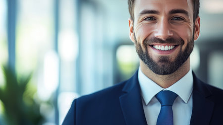 A confident businessman smiles warmly in a bright office setting, showcasing professionalism and approachability. Ideal for corporate concepts.の素材