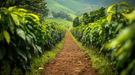 A scenic pathway through a lush coffee farm, boasting vibrant green plants on either side. This tranquil landscape invites exploration of nature and agriculture.の素材