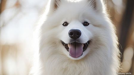 A joyful Samoyed dog smiles brightly against a softly blurred background, capturing the essence of happiness and warmth in a natural setting.の素材