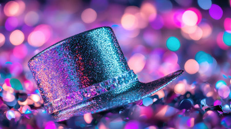 A sparkling party hat rests on a vibrant bokeh background, exuding a festive atmosphere ideal for celebrations, events, and joyful occasions. Perfect for party themes!の素材