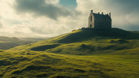 An abandoned stone house sits atop a green hill, surrounded by sweeping landscapes and dramatic clouds, evoking a sense of solitude and history in nature.の素材