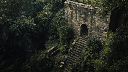 Discover an abandoned stone structure enveloped in lush greenery, with a staircase leading to its mysterious entrance. A perfect blend of history and nature.の素材