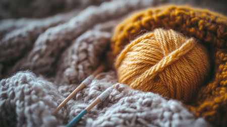 A warm and inviting scene featuring yellow yarn, wooden knitting needles, and a soft gray blanket, capturing the essence of cozy crafting moments.の素材
