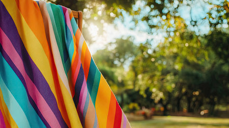 A vibrant, striped towel hangs gracefully in a sunny garden, capturing warm light. This colorful scene evokes relaxation and leisure in a cheerful outdoor setting.の素材