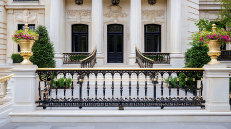 Stunning entrance of a grand mansion featuring an ornate railing, beautifully designed steps, and vibrant flower planters, showcasing luxury and elegance.の素材