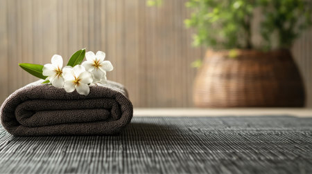 A soft rolled towel adorned with fresh flowers sits peacefully against a serene background, evoking feelings of relaxation and wellness in a spa-like setting.の素材