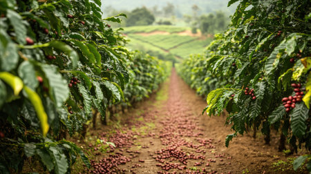 Explore a thriving coffee plantation featuring rows of vibrant coffee trees dotted with ripe berries, showcasing the beauty of rural agriculture and nature.の素材