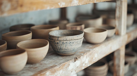 A collection of handmade pottery bowls arranged on wooden shelves in an artisan studio. The earthy tones and textures showcase the craftsmanship behind each unique piece.の素材