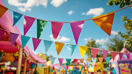 Colorful flags flutter in the breeze, creating a vibrant and festive atmosphere for a joyful outdoor celebration. Perfect for event themes or festive gatherings.の素材