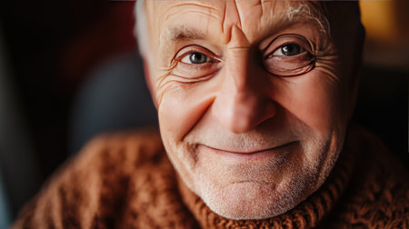 A cheerful elderly man smiles warmly in a cozy indoor setting, showcasing his kind eyes and joyful expression. The warm lighting highlights his features, evoking feelings of comfort and wisdom.の素材