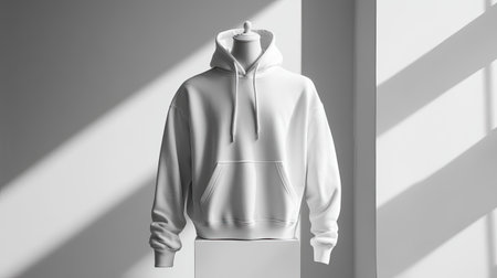 A stylish white hoodie displayed on a mannequin, set against a modern backdrop with dramatic lighting, showcasing its sleek design and soft texture.の素材