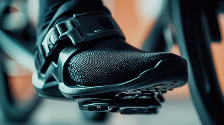 A detailed close-up of a cycling shoe firmly attached to a pedal in a fitness studio. The sleek design emphasizes performance and athleticism, perfect for sports enthusiasts.の素材