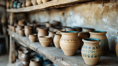 A collection of handmade clay pots displayed on rustic wooden shelves, showcasing unique designs and colors. Perfect for home decor or art enthusiasts.の素材