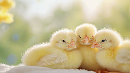 Three fluffy yellow chicks cuddle together in a serene outdoor setting, showcasing their innocence and charm, perfect for themes of nature and warmth.の素材