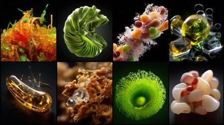 This stunning collection showcases a variety of colorful abstract structures and organic forms, highlighting intricate textures and shapes in macro photography.の素材