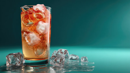 A close-up image of a refreshing beverage filled with ice cubes, bubbles, and condensation, perfect for summer themes or drink showcases.の素材