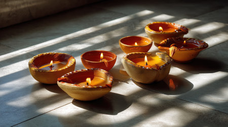 A serene display of traditional clay diyas with flickering flames, beautifully arranged on a textured surface, illuminated by soft natural light, ideal for festive decor.の素材
