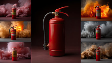 This image features a fire extinguisher surrounded by various smoke effects, highlighting the importance of emergency preparedness and fire safety in various environments.の素材