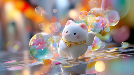 This charming ceramic cat figurine playfully interacts with vibrant bubbles and colorful confetti, creating a joyful and festive atmosphere perfect for celebrations.の素材