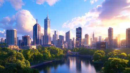 This stunning urban landscape showcases a beautiful city skyline illuminated by sunset. The vibrant colors reflect off the tranquil river, surrounded by lush greenery.の素材