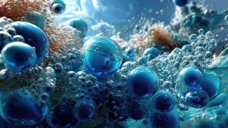 This captivating close-up image showcases a mesmerizing arrangement of blue bubbles in water, featuring soft light and gentle ripples. It evokes a sense of calm and purity, perfect for artistic or scientific projects.の素材