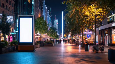 A vibrant urban street scene at night, showcasing a blank billboard amidst tall buildings, illuminated trees, and people enjoying the lively atmosphere.の素材
