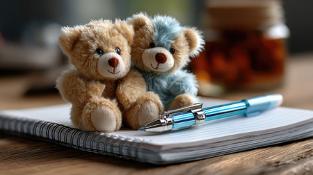 Two adorable plush teddy bears sit close together next to a blue pen on an open notebook. Their soft textures add warmth to a cozy workspace on a wooden table.の素材