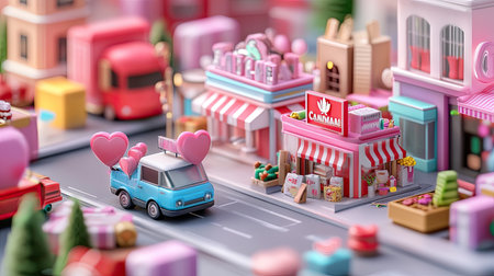 A whimsical miniature town featuring colorful shops, a sweet car with balloons, and vibrant decorations; perfect for joyful festive themes in designs.の素材