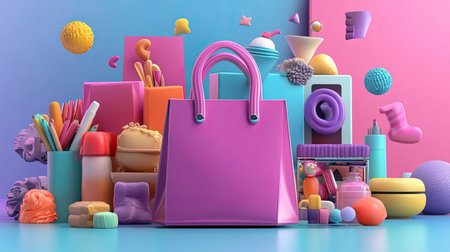 This image showcases a vibrant pink shopping bag surrounded by an array of colorful craft supplies and decorative items, creating a joyful and playful atmosphere.の素材