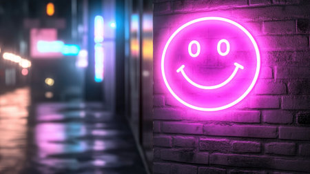 A vibrant neon pink smile face sign shines on an urban wall at night, creating a cheerful atmosphere. The glow reflects off wet pavement, enhancing the lively vibe.の素材