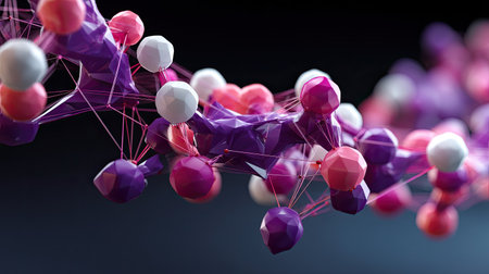 Explore the beauty of an abstract molecular structure showcasing colorful atoms and intricate connections, ideal for scientific and educational projects.の素材