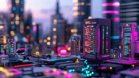 Explore a futuristic cityscape filled with vibrant neon lights and high-tech buildings, creating a visually stunning urban landscape at dusk. Perfect for creative projects.の素材