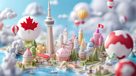 A vibrant 3D illustration of a colorful city model featuring iconic Canadian landmarks, playful elements, and whimsical hot air balloons, capturing a sense of fun and adventure.の素材