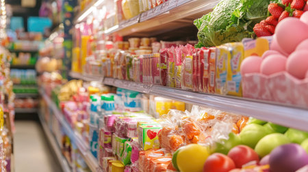 A vibrant grocery store aisle showcases a variety of fresh produce, snacks, and packaged goods, illustrating the diversity in food choices for healthy living.の素材