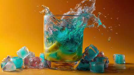 A vibrant splash of a colorful beverage filled with ice cubes and citrus fruit, set against a bright background, evokes refreshment and fun moments.の素材