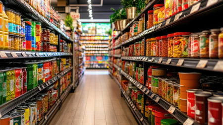 A vibrant grocery aisle showcasing a variety of canned goods and jars. The organized shelves invite shoppers to explore healthy meal options and ingredients.の素材