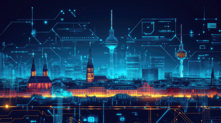 A captivating digital artwork showcasing a futuristic city skyline at night, illuminated by vibrant lights and overlaid with abstract technology elements.の素材