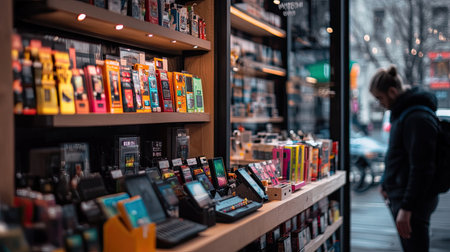 A vibrant interior shot showcasing a variety of vape products in a modern retail environment, inviting consumers to explore diverse flavors and designs.の素材