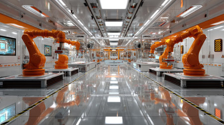 Experience the future of manufacturing in this modern automated factory featuring robotic arms that enhance production efficiency and precision in a high-tech environment.の素材