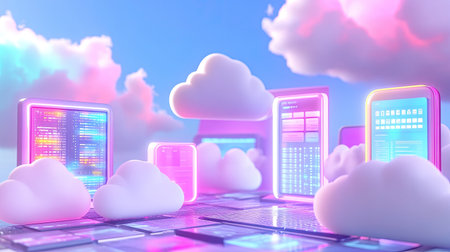 Explore a vibrant digital landscape featuring futuristic cloud technology, glowing screens, and a pastel color palette, perfect for tech and innovation themes.の素材